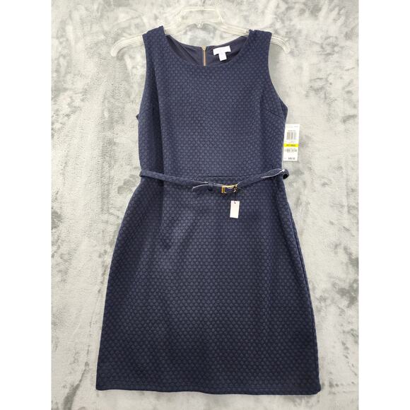 NEW Charter Club Sleeveless Belted Sheath Dress Size PM Navy Blue Dot Back Zip - Picture 1 of 13